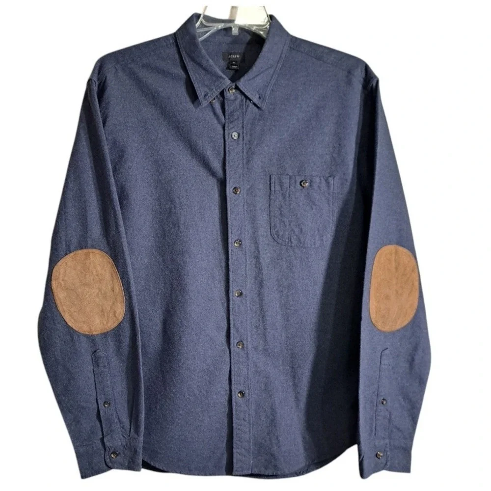 J Crew Men's Collared Button Shirt Blue XL Long Sleeve Leather Elbow Patch‎